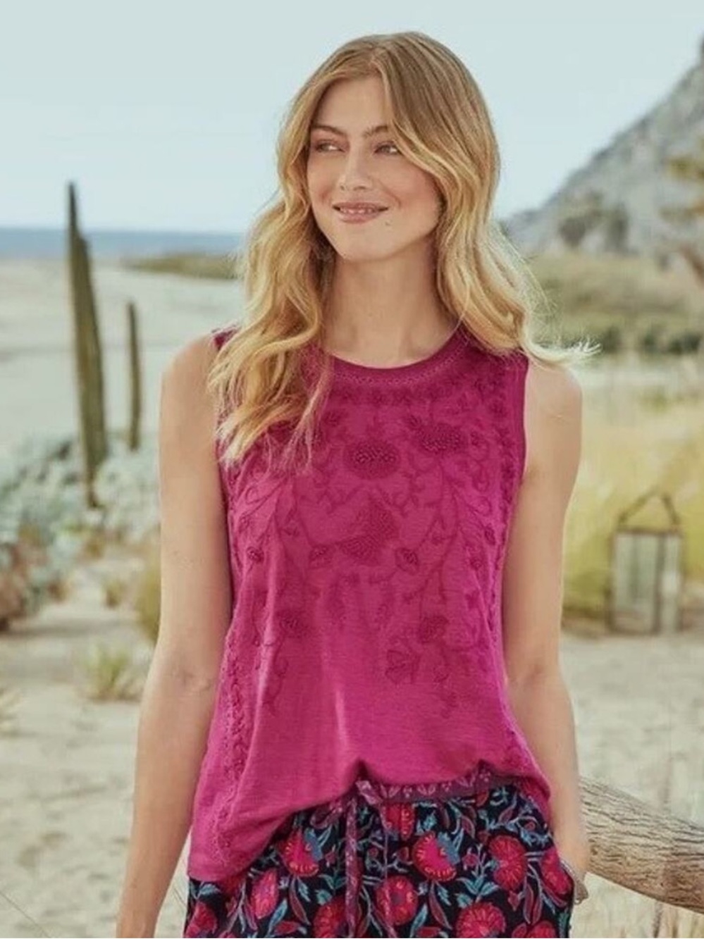 NWT Sundance Seaside Riches Tank Top Linen Blouse Embroidered Fuchsia Small